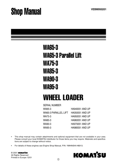 Komatsu WA65-3, WA75-3, WA85-3, WA90-3, and WA95-3 Loader 2001 Shop Manual (P/N VEBM950201, OEM)