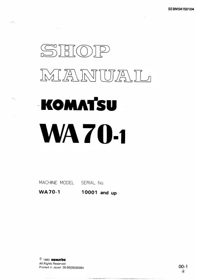 Komatsu WA70-1 Wheel Loader Shop Manual (P/N SEBM04150104)
