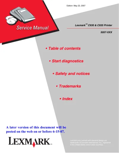 Lexmark C930, C935 Color Laser Printer 2007 Service Manual (P/N 12G9765)