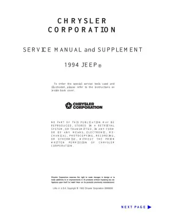 Preview: 1994 Jeep Cherokee SE, Sport, Country Factory Service Manual (P/N J9213-5)