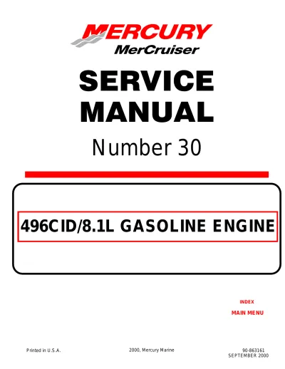 Manual #30: Mercury MerCruiser 496 Mag HO / 496 Mag / 8.1S Horizon / 8.1S HO 2000 Service (P/N 90-863161) – preview page 1