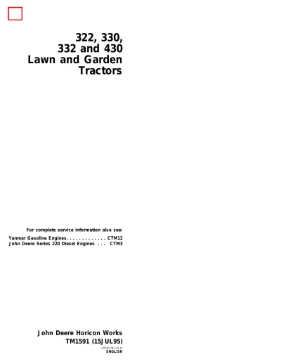 Preview: John Deere 322 / 330 / 332 / 430 Lawn and Garden Tractor Service Manual (P/N TM1591)