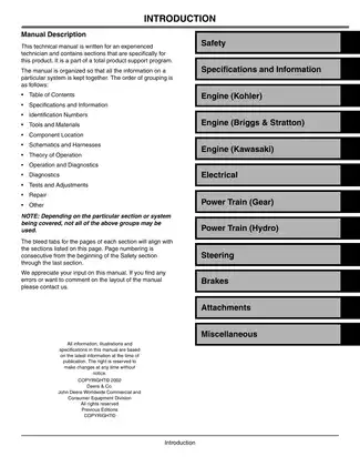 John Deere LT150, LT160, LT170, LT180 Lawn Tractor Technical Manual Preview image 3