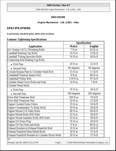 Preview: 2005–2010 Pontiac Vibe Engine Mechanical Service Manual (P/N C4085-91017)