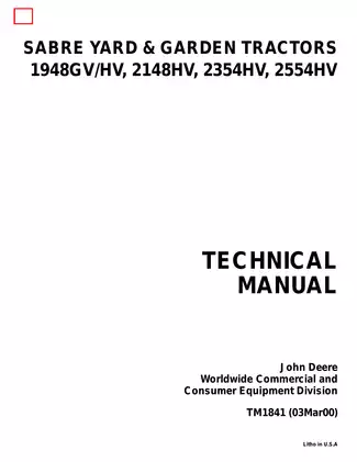 Sabre  1948GV-HV, 2148HV, 2354HV, 2554HV yard and garden tractor technical manual Preview image 1