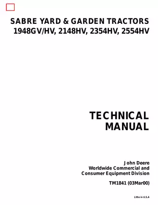John Deere Sabre Yard & Garden Tractors Technical Manual (TM1841) - Comprehensive Service Guide