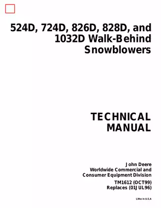 John Deere 524D, 724D, 826D, 828D, 1032D snow blower technical manual Preview image 1