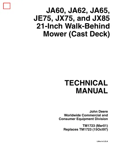 Preview: John Deere JA60/JA62/JA65/JE75/JX75/JX85 Mower Technical Manual (P/N TM1723)