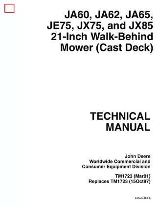 John Deere JA60, JA62, JA65, JE75, JX75 walk-behind mower technical manual Preview image 1