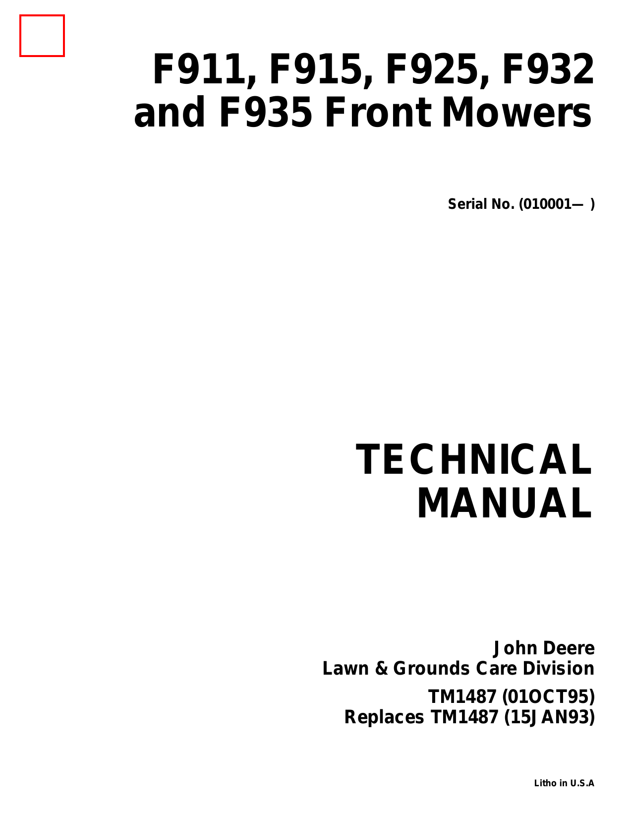 John Deere F911, F915, F925, F932, F935 front mower technical manual Preview image 1