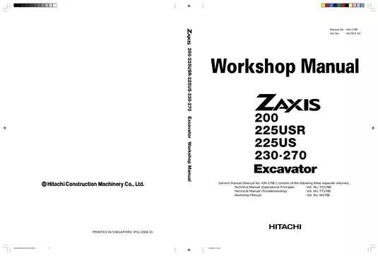 Hitachi Zaxis ZX200, ZX225USR, ZX225US, ZX230, ZX270 hydraulic excavator workshop manual