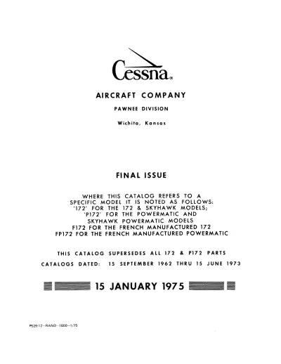Cessna 172, Skyhawk, P172 Aircraft 1963–1975 Illustrated Parts Catalog (P/N P529-12)