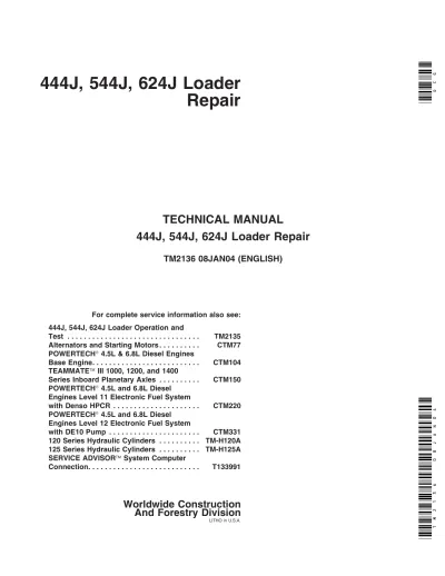 2004 John Deere 444J, 544J, 624J Loader Repair Technical Manual (P/N TM2136)