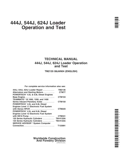John Deere 444J, 544J, 624J Operation and Test Manual (TM2135)