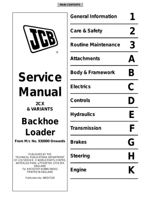 JCB 2CX Backhoe Loader Service Manual (M/c No. 930000 Onwards)