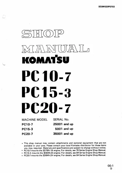 Preview: Komatsu PC10-7, PC15-3, PC20-7 Excavator1989–1994) Shop Manual (OEM)