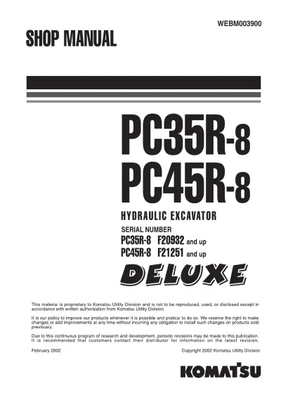 Preview: Komatsu PC35R-8 PC45R-8 Hydraulic Excavator Service Manual (P/N WEBM003900)
