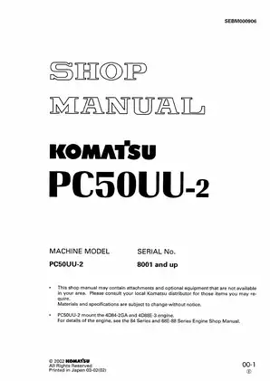 KOMATSU PC50UU-2 Shop Manual - Comprehensive Maintenance Guide for 2002 Models