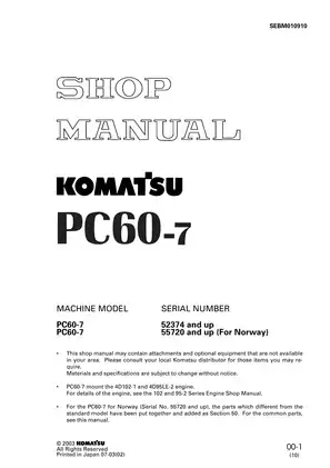 Komatsu PC60-7 Service Manual - Essential Guide for Operators and Technicians