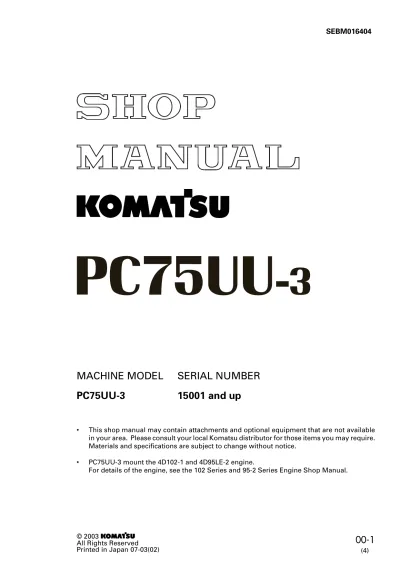 Preview: Komatsu PC75UU-3 Mini Excavator Shop Manual (P/N SEBM016404)