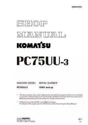 Komatsu PC75UU-3 hydraulic excavator shop manual Preview image 1