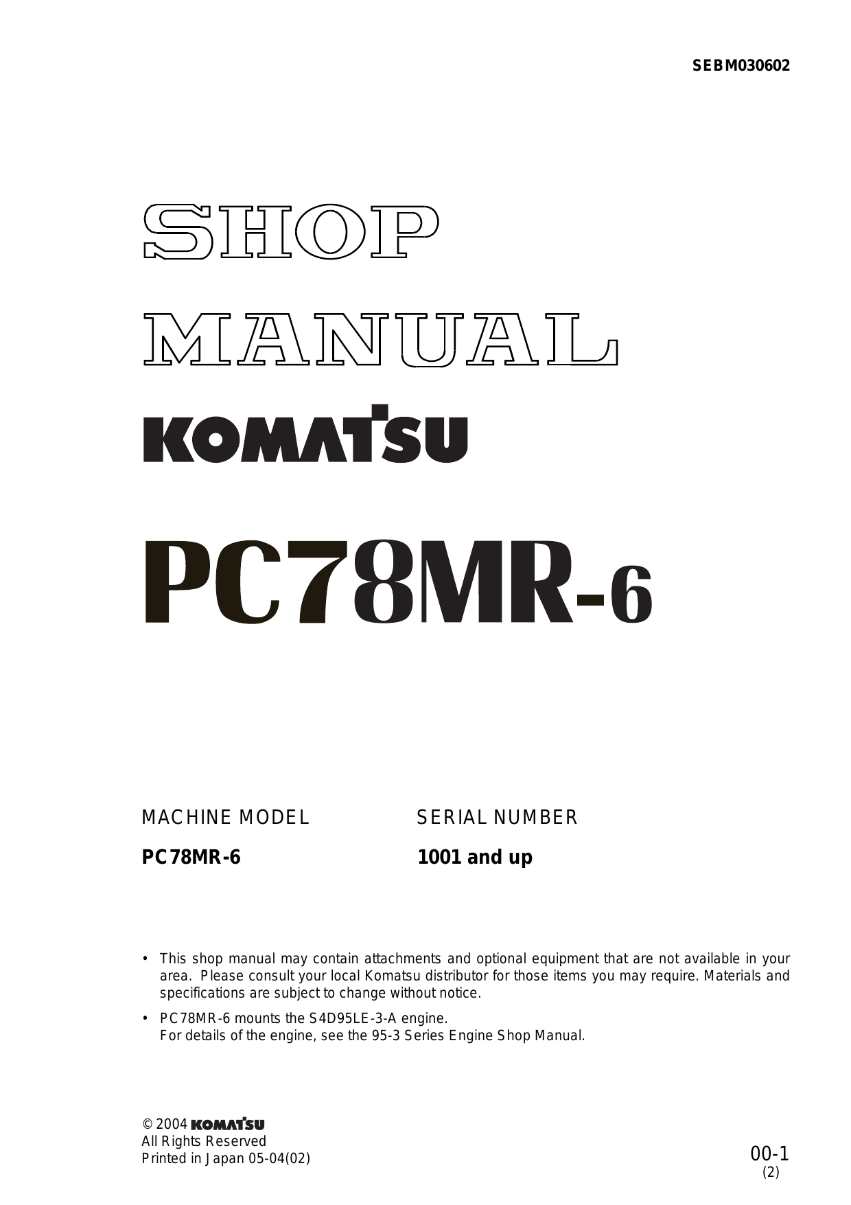 Komatsu  PC78MR-6 hydraulic excavator shop manual Preview image 1
