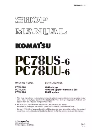 Komatsu PC78US-6, PC78UU-6 midi excavator shop manual Preview image 1