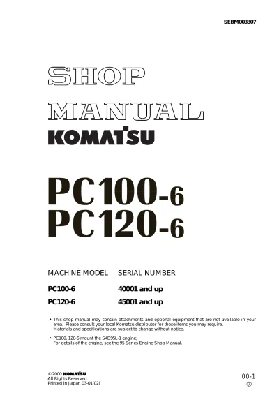 Preview: 2000 Komatsu PC100-6 and PC120-6 Hydraulic Excavator Shop Manual (P/N SEBM003307)