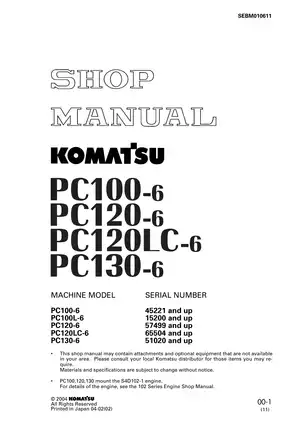 Komatsu PC100-6, PC100L-6, PC120-6, PC120LC-6 & PC130-6 hydraulic excavator shop manual Preview image 1