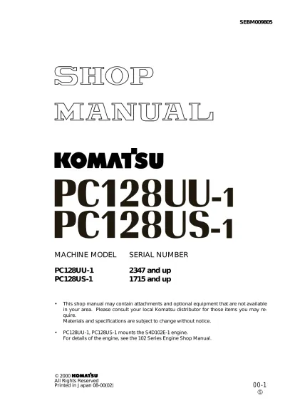 Preview: 2000 Komatsu PC128UU-1, PC128US-1 Shop Manual (P/N SEBM009805)