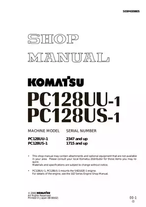 Komatsu PC128UU-1 & PC128US-1 Shop Manual and Service Guide