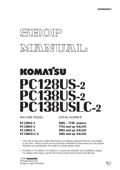 Preview: Komatsu PC128US-2 / PC138US-2 / PC138USLC-2 Excavator Service Manual (P/N SEBM018417)