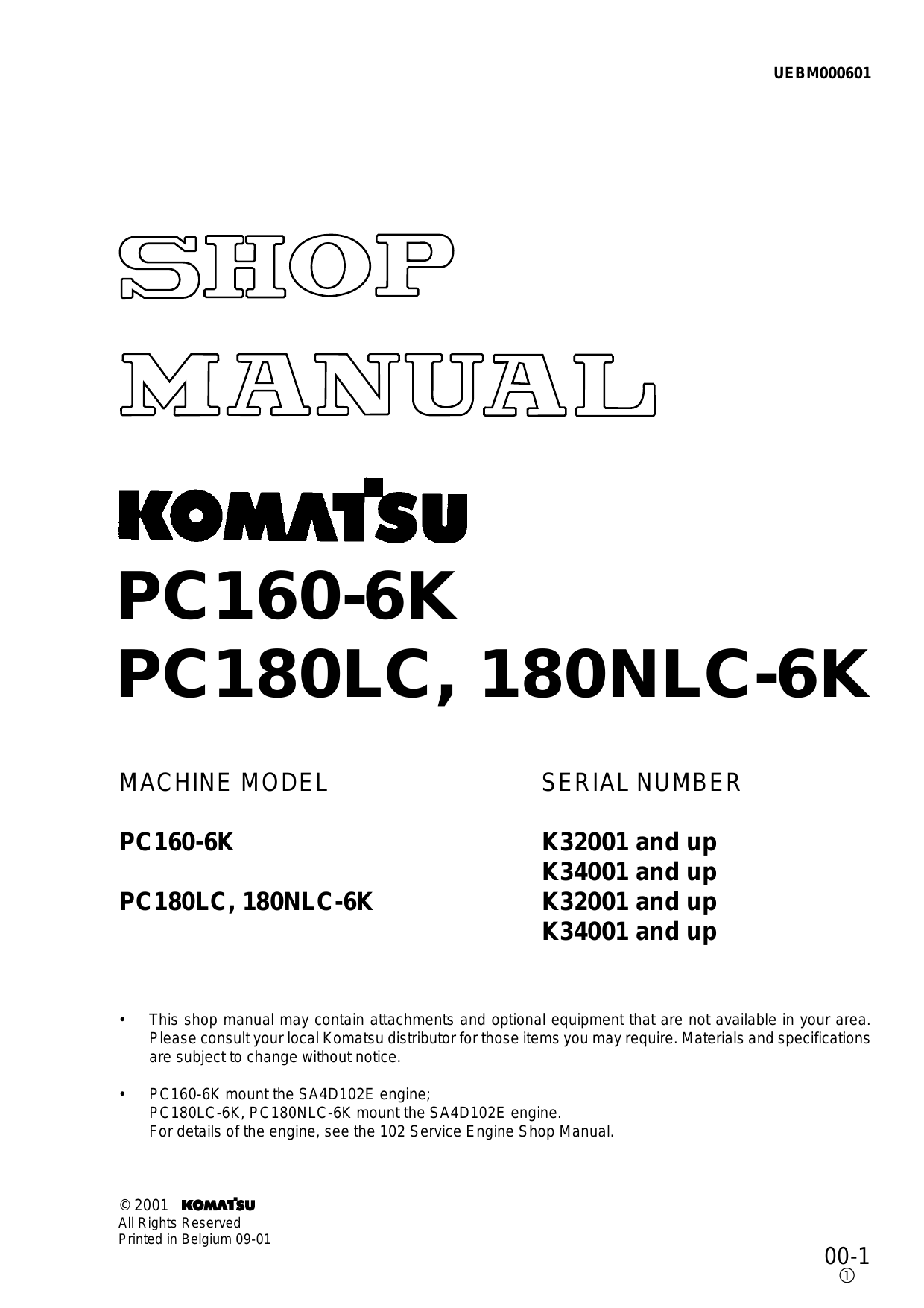 Komatsu PC160-6K, PC180LC, PC180NLC-6K excavator shop manual Preview image 1