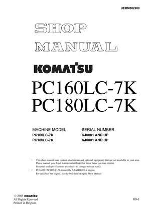 2003-2007 Komatsu PC160LC-7K, PC180LC-7K hydraulic excavator shop manual Preview image 1