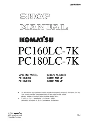Komatsu PC160/180LC-7K Shop Manual - Comprehensive Guide for Excavator Operation and Maintenance