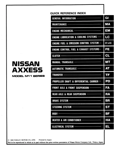 Preview: Nissan Axxess 1990–1995 Repair Manual | Technical Reference (P/N SM0E-0M11U0)