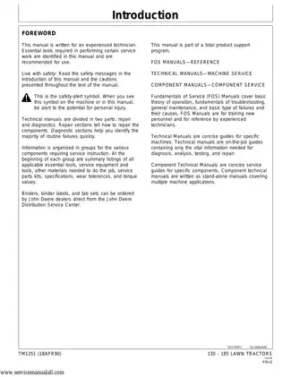 Comprehensive Technical Manual for John Deere 130-185 Lawn Tractors (TM1351) Preview image 2