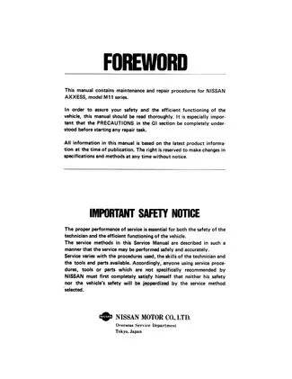 Nissan Axxess M11 Series Service Manual - Comprehensive Maintenance & Repair Guide Preview image 2