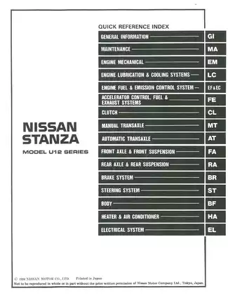 1991 Nissan Stanza U12 series service manual Preview image 1