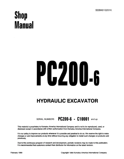 Preview: Komatsu PC200-6 Hydraulic Excavator 1998 Shop Manual (P/N SEBM010201K)