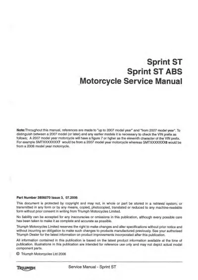 Preview: Triumph Sprint ST 1050cc / Sprint ST ABS Service Manual (P/N 3856070)