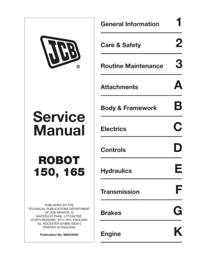 Preview: JCB Robot 150, 165, 185 Skid Steer Loader 1996–2005 Service Manual (P/N 9803/8500, Issue 1)