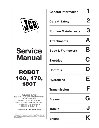 Preview: JCB Robot 160, 170, 180T, 1CX Skid Steer Loader Service & Repair Manual, 1998–2005 (P/N 9803/8520)