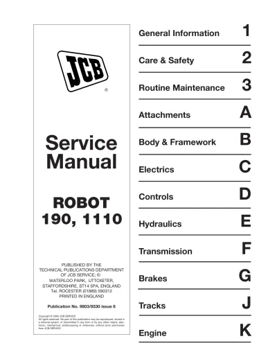 JCB Robot 190, 190HF, 1110, 1110HF Skid Steer Loader Service Manual 2000–2004 (P/N 9803/8530)