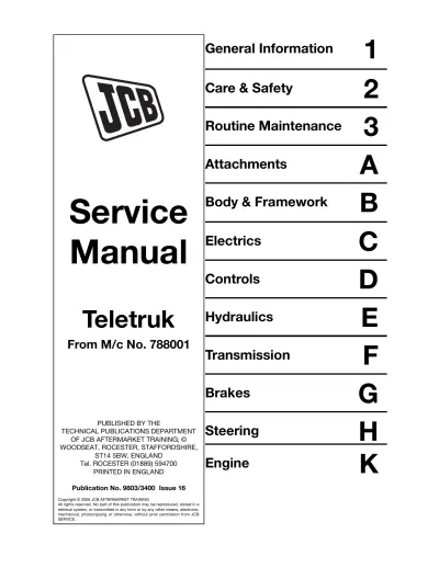 JCB Teletruk  2.0D/G through 3.5D Forklift 1997 Service Manual (P/N 9803/3400)