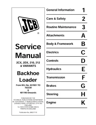 JCB Backhoe Loader Service Manual - Models 2CX, 2DX, 210, 212