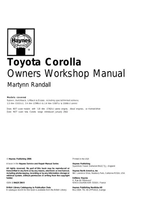 Toyota Corolla Owners Workshop Manual (1997-2002) - Comprehensive Repair & Maintenance Guide
