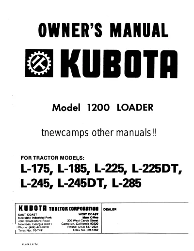Kubota L-175/L-185/L-225/L-225DT/L-245/L-245DT/L-285 Tractor Loader Service Manual (P/N F-1583) – preview page 1