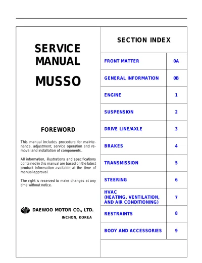 Ssangyong Musso Repair Manual, 1993–2005 Edition (OEM) – preview page 1
