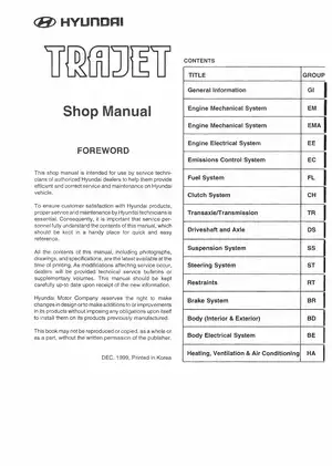 Hyundai Vehicle Service Manual for Electric and Mechanical Systems